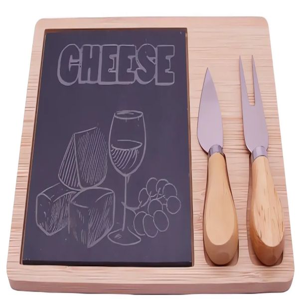 1 bamboo with slate board slate 15x15 with laser design 2 cheese knives