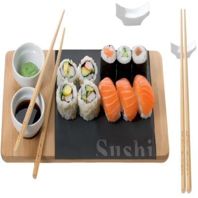 1 bamboo with slate serving board slate 18x14 with laser design 2 ceramic dish, dia6x2.7 2 pairs chopsticks 2 ceramic chopsticks holder