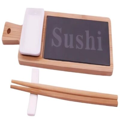 1 ceramic dish, 8x5x1.5 1 pair chopsticks 1 ceramic chopsticks holder 1 bamboo with slate serving board slate 16x7 with laser SUSHI