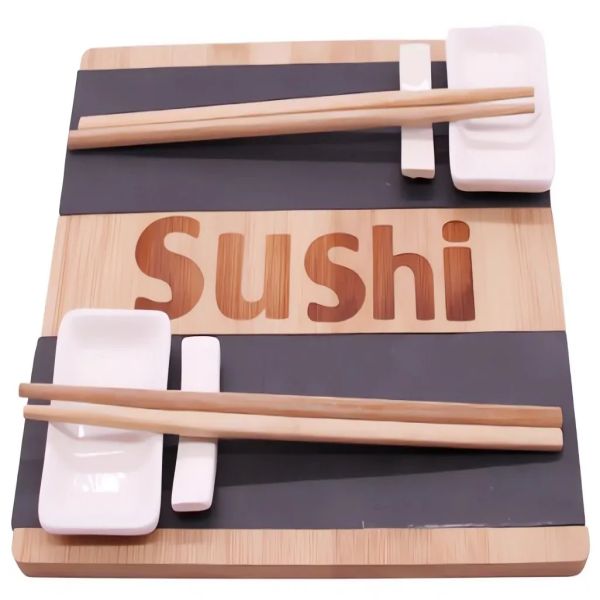 2 ceramic dish, 8x5x1.5 2 pairs chopsticks 2 ceramic chopsticks holder 1 bamboo with 2 slate serving board each slate 25x7