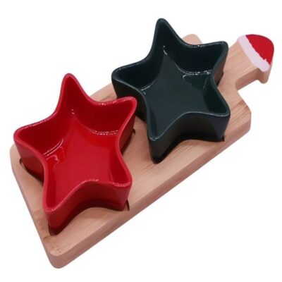 2 ceramic star dish with glaze 10.5x9.5x2.5 1 bamboo tray with printing