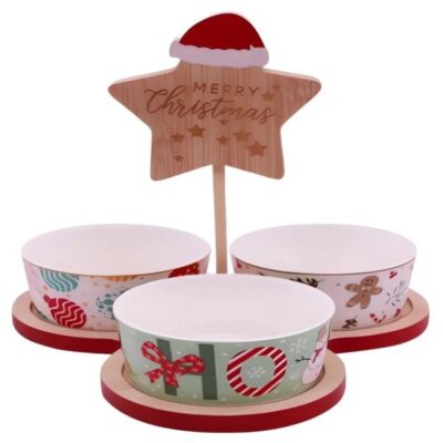 3 ceramic bowl with decal, dia8.5x4 1 bamboo tray with red side 1 star deco with pringting and laser