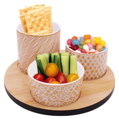 3 ceramic bowl with decal dia8x7.5, dia8x5, dia8 1 round bamboo tray with black side dia20