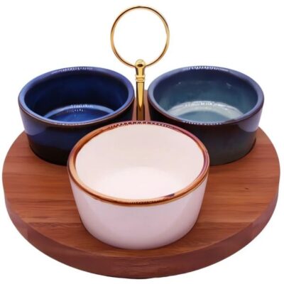 3 ceramic bowl with reactive glaze,dia10x4 1 acacia wood tray with golden handle