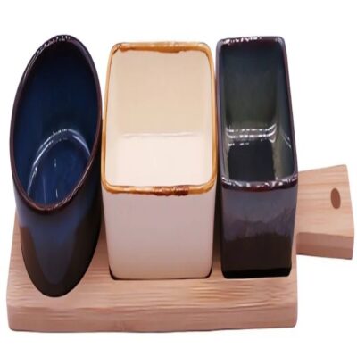 3 cermaic bowl with reactive glaze, dia8.5x4, 10x7x4, 7x7x4 1 bamboo tray 33x9