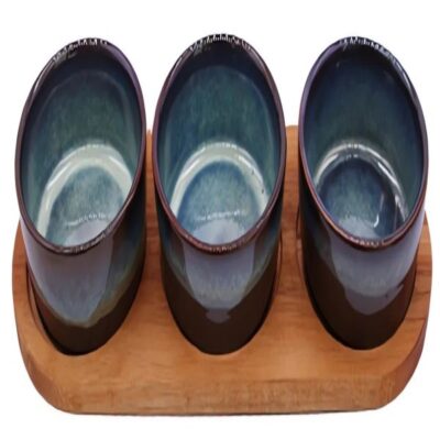 3 cermaic bowl with reactive glaze,dia8.5x4 1 acacia wood tray 29x10