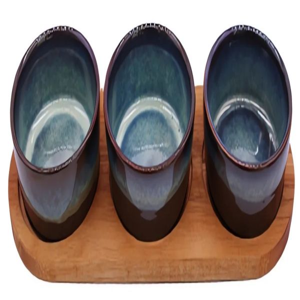 3 cermaic bowl with reactive glaze,dia8.5x4 1 acacia wood tray 29x10