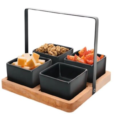 4 black ceramic bowl, 8x8x3.5 1 acacia wood tray 1 black metal handle