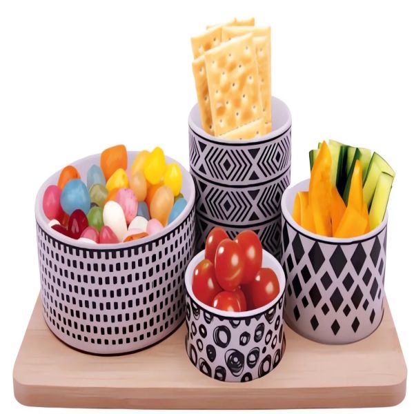 4 ceramic bowl with decal dia11x5, dia8x7.5 dia8x5, dia7x3.3 1 bamboo tray 27x17