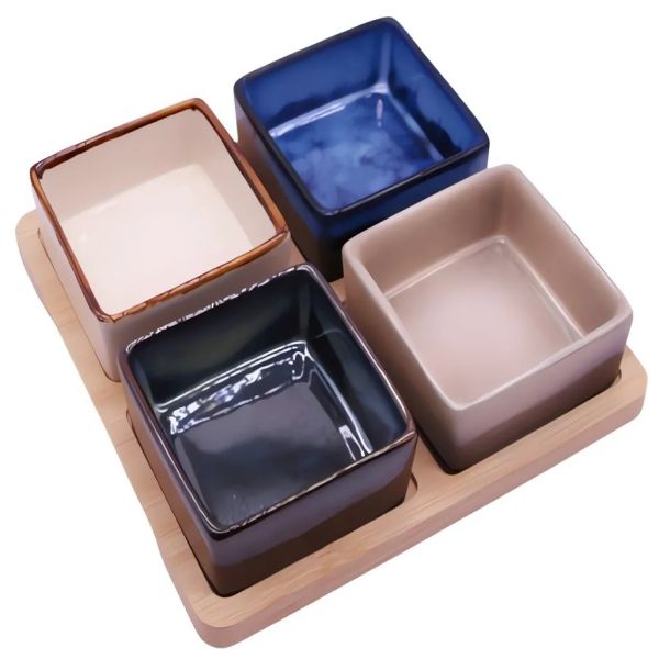 4 ceramic bowl with reactive glaze 8x8x3.5 1 bamboo tray 19x19