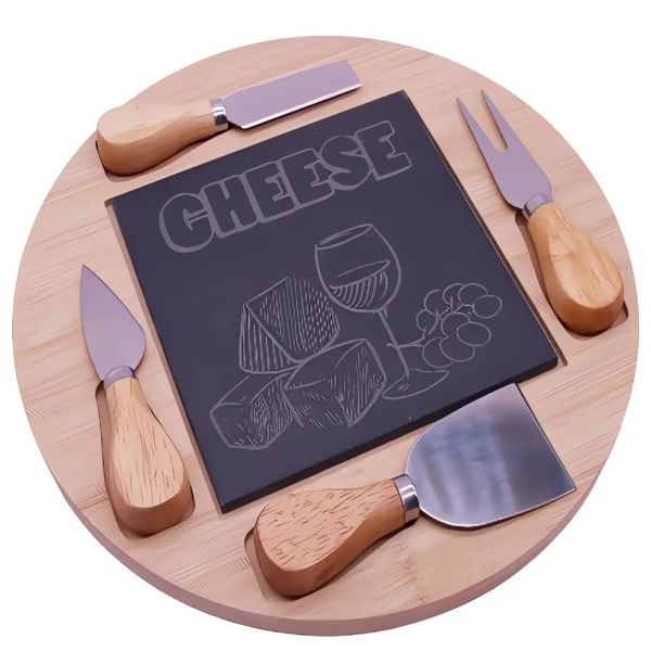 4 cheese knives 1 round bamboo with slate board slate 15x15 with laser design