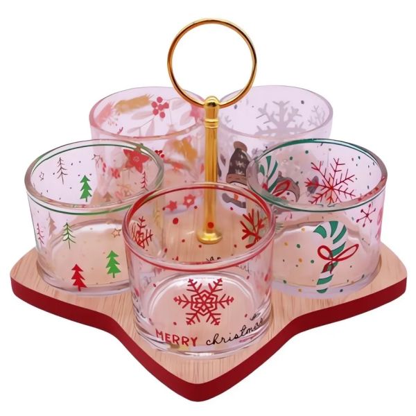 5 glass cup with decal, dia6.8x5 1 bamboo tray in star shape with red side 1 golden handle