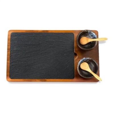 Acacia Slate Serving Board, 2 Ceramic Sauce Bowls for Steak (2)