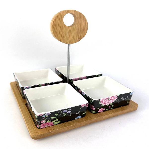 Four-square grid porcelain food serving dish with bamboo tray-2 Four-square grid porcelain food serving dish with bamboo tray-2