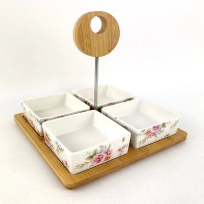 Four-square grid porcelain food serving dish with bamboo tray-3