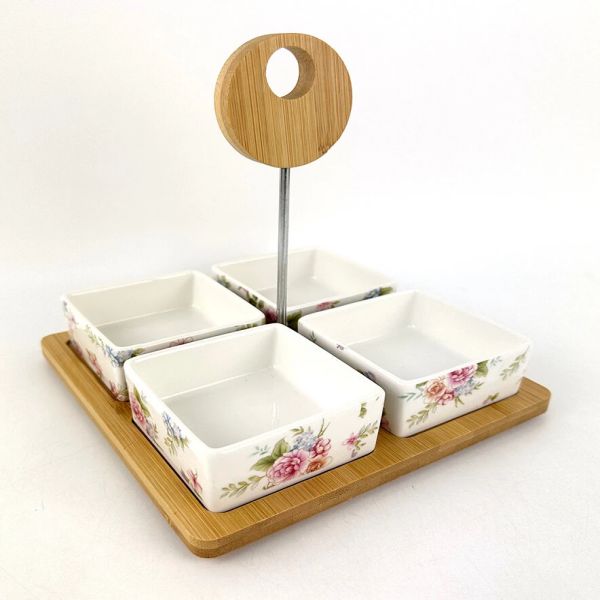 Four-square grid porcelain food serving dish with bamboo tray-3 Four-square grid porcelain food serving dish with bamboo tray-3