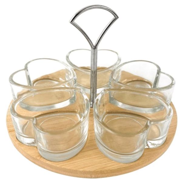 Glass serving dishes in heart shape with bamboo tray-3