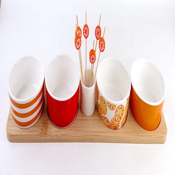 Porcelain Appetizer plates with bamboo tray and picks -2