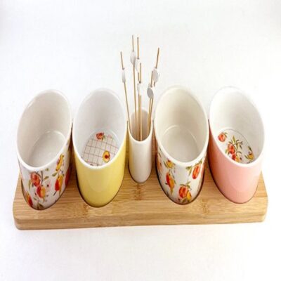 Porcelain Appetizer plates with bamboo tray and picks -1