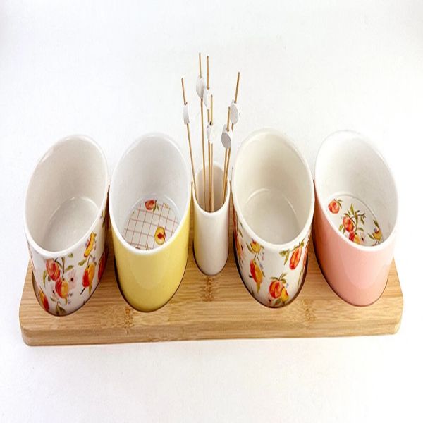 Porcelain Appetizer plates with bamboo tray and picks -1