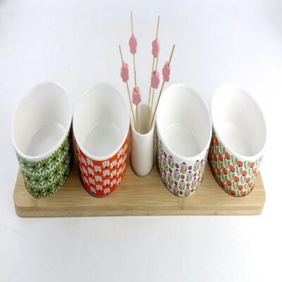 Porcelain appetizer bowls with bamboo tray-and pick-3