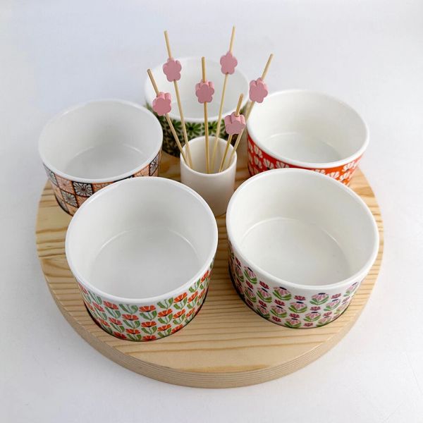 Porcelain appetizer bowls with bamboo tray pick--3