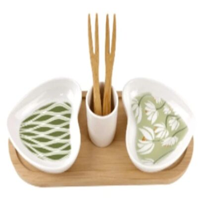 Porcelain appetizer dish with bamboo tray and 2 forks-2