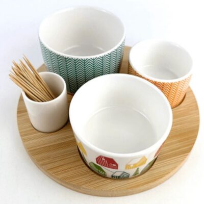 Porcelain appetizer dish with bamboo tray and pick-2