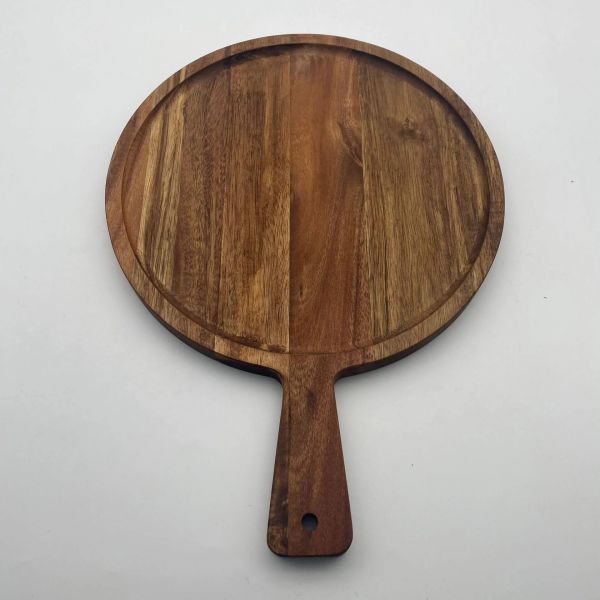 Round shape with handle wood food serving tray