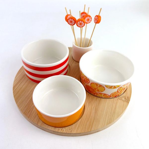 Set of 3 pcs porcelain Appetizer plates with bamboo tray and picks -2