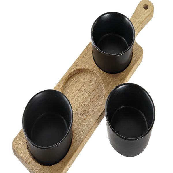 Set of 3pcs black snack dishes with wood tray -