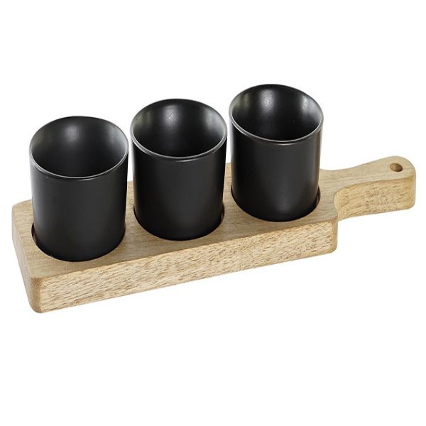 Set of 3pcs black snack dishes with wood tray -2