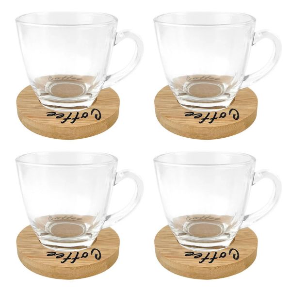 Set om 4st kaffekoppar med fat i glas -5