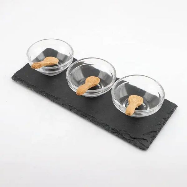 Slate Serving Tray with 3 Glass Bowls and 3 Wooden Spoons (3)