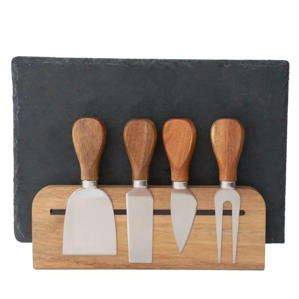 Slate Square Cheese Serving Board and Acacia handle Knife Sets (3)