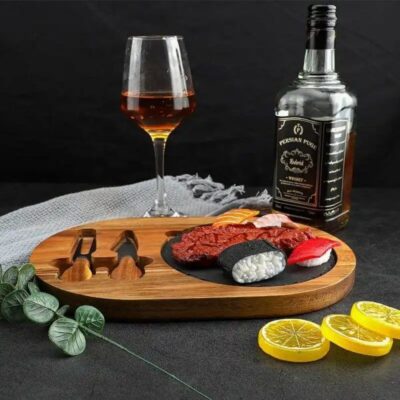 Slate and wooden Cheese Board Set with Fork and Cheese Knife (1)