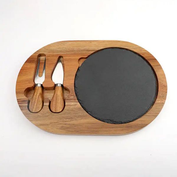 Slate and wooden Cheese Board Set with Fork and Cheese Knife (2)