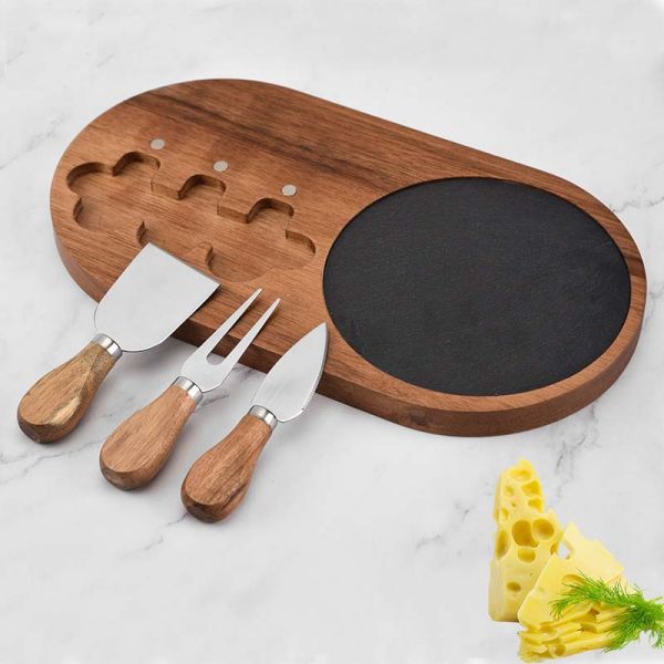 Wood cheese and cracker boards set with knives