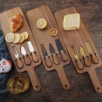 Wood cheese and cracker boards set with knives set-