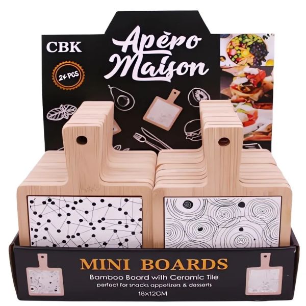 bamboo with ceramic tapas board ceramic 10x10 with decal 2 designs asst. each 12pcs, total 24pcs in display box bamboo with ceramic tapas board ceramic 10x10 with decal 2 designs asst. each 12pcs, total 24pcs in display box