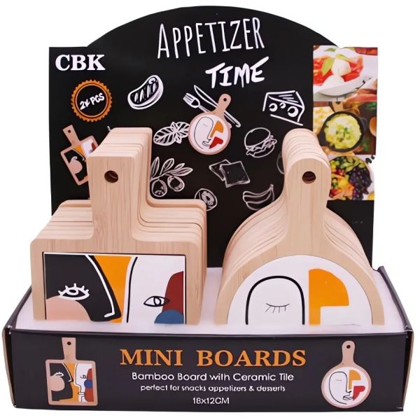 bamboo with ceramic tapas board ceramic 10x10 with decal 2 shapes asst. each 12pcs, total 24pcs in display box