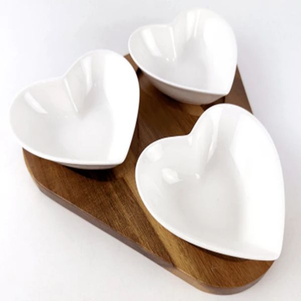 heart shape serving dishes with acacia wood tray