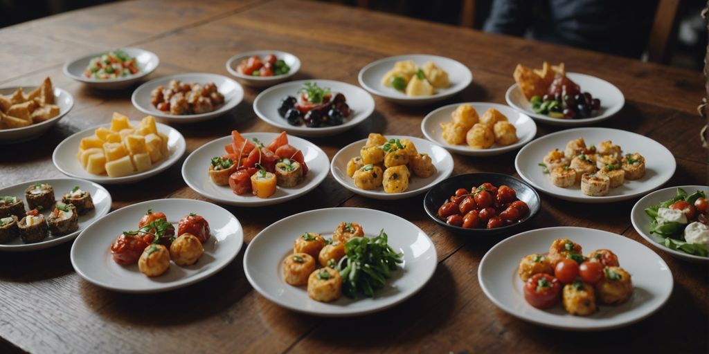 A variety of modern appetizer plates arranged on a rustic wooden table, highlighting their stylish and functional design.