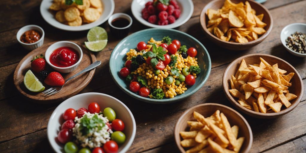 Assorted colorful snack dishes on a rustic wooden table, perfect for any hospitality setting.