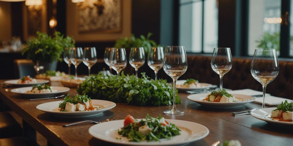 Elegant appetizer plates on a stylish restaurant table, garnished with fresh herbs and sauces.