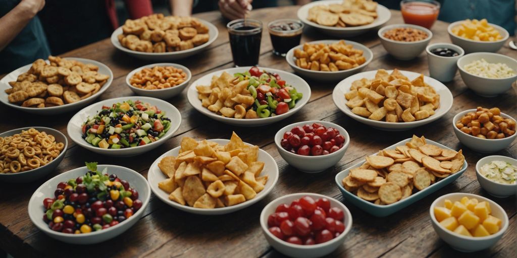 Small business owners discussing over a variety of colorful snack dishes on a rustic wooden table