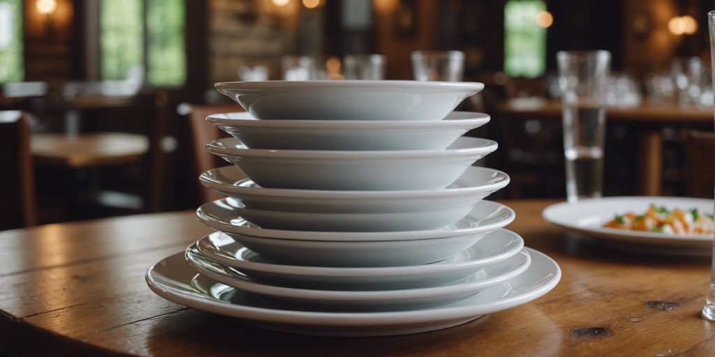 Stack of elegant white appetizer plates on a rustic wooden table in a cozy restaurant setting.